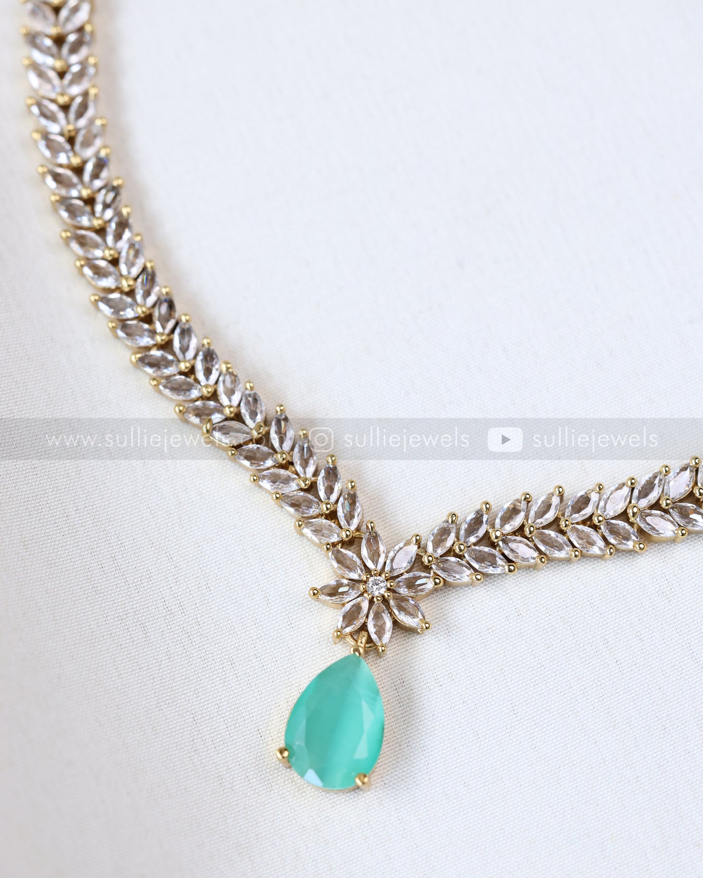 3681 - Teal Raindrop AD Stone Leaf Necklace with Earring