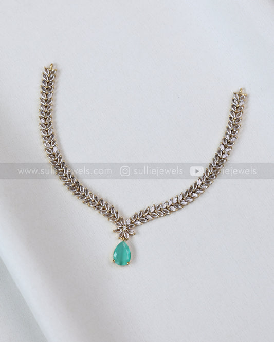 3681 - Teal Raindrop AD Stone Leaf Necklace with Earring