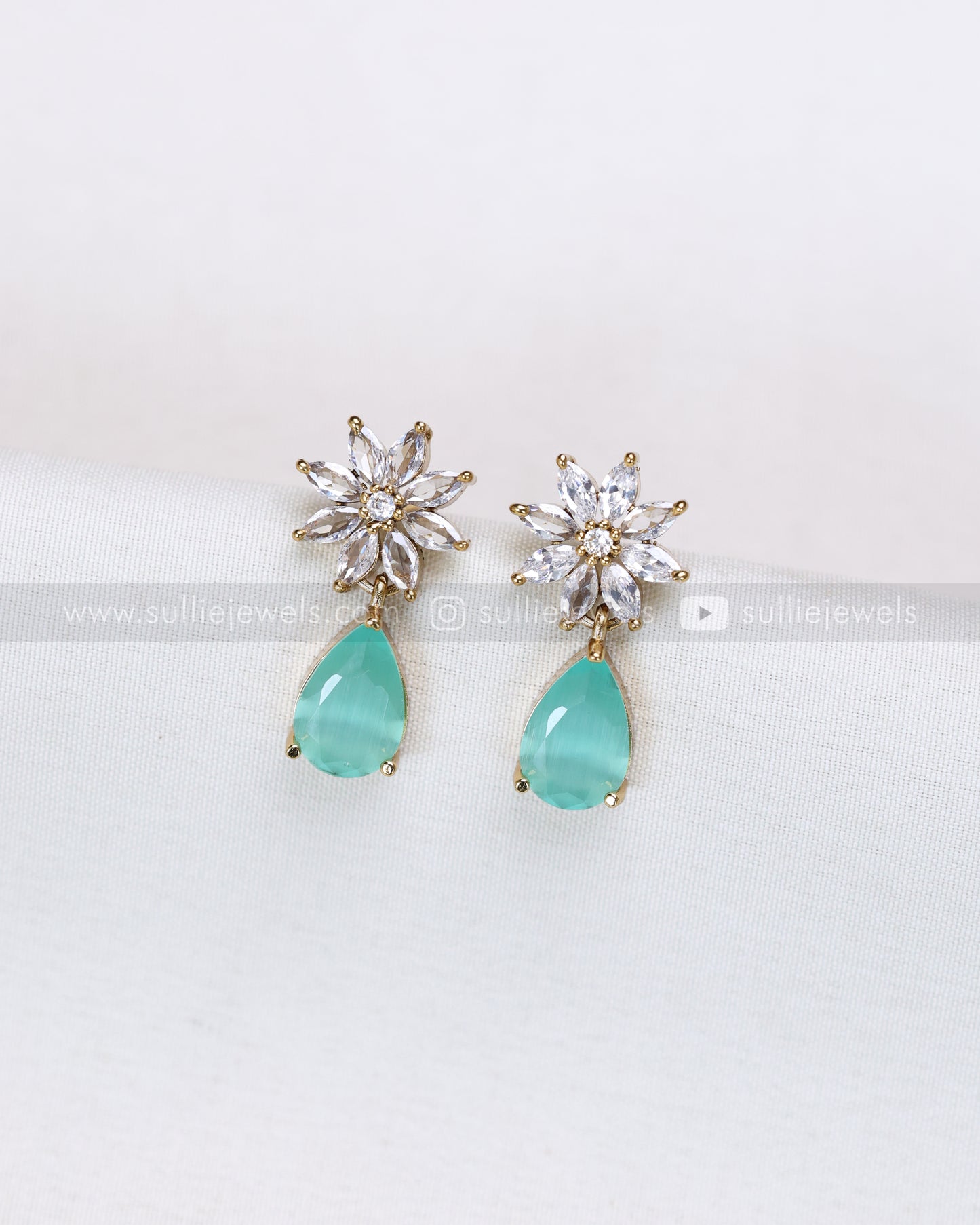 3681 - Teal Raindrop AD Stone Leaf Necklace with Earring