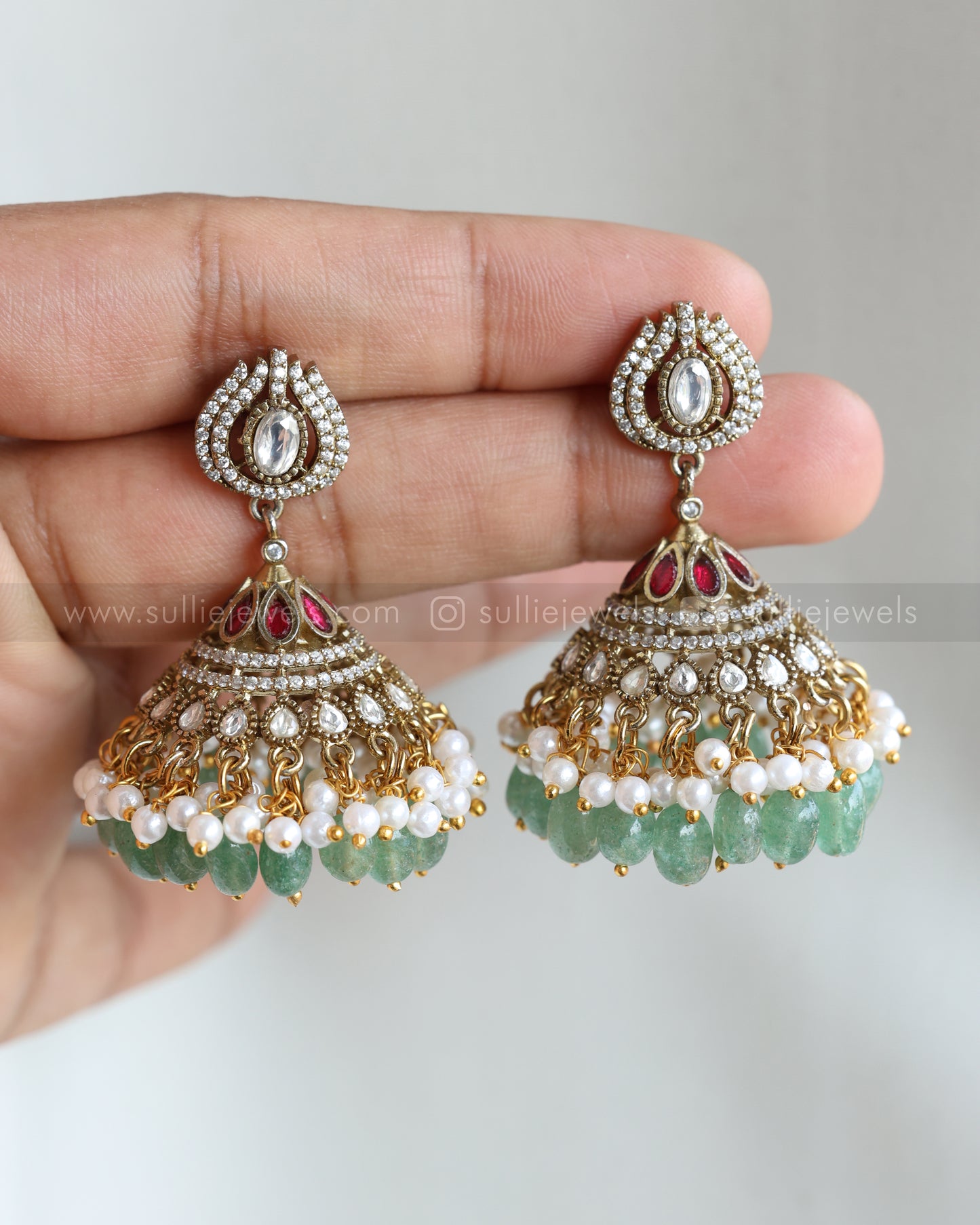 3731 - Premium Polki Statement  Mint Beads Necklace with Earring