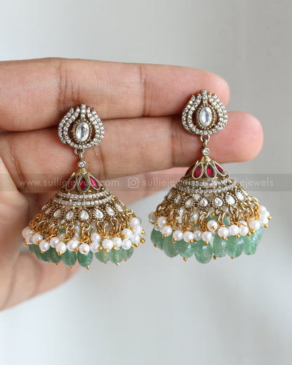 3731 - Premium Polki Statement  Mint Beads Necklace with Earring