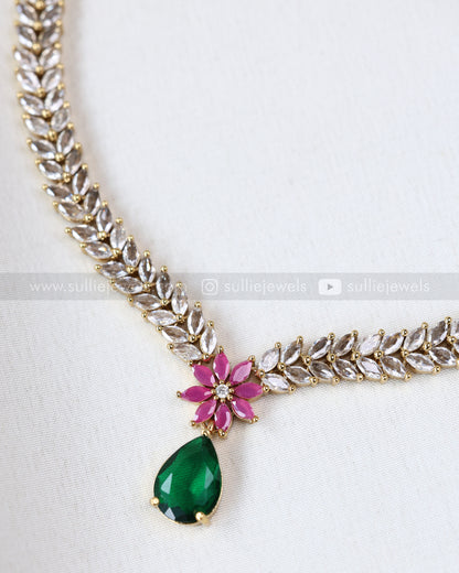 3683 - Emerald Raindrop White Leaf AD Necklace with Earring