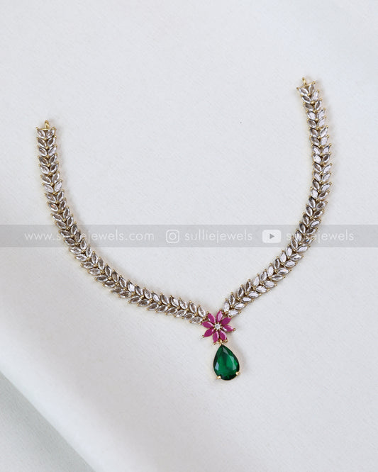 3683 - Emerald Raindrop White Leaf AD Necklace with Earring