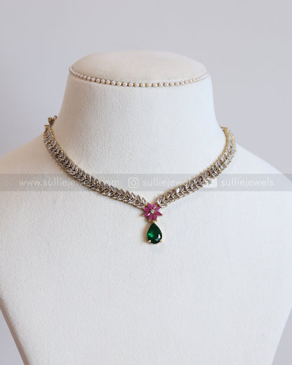 3683 - Emerald Raindrop White Leaf AD Necklace with Earring