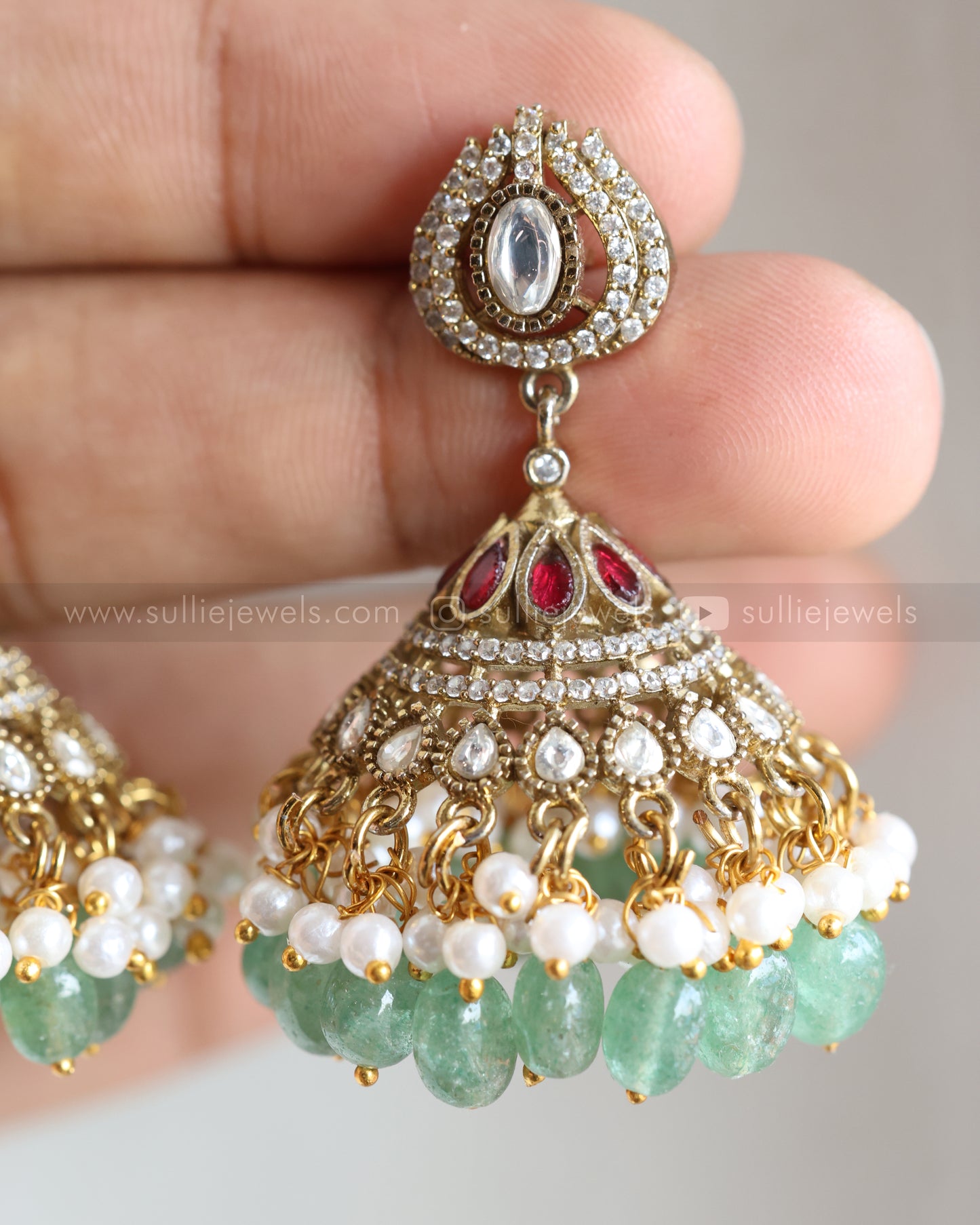 3731 - Premium Polki Statement  Mint Beads Necklace with Earring