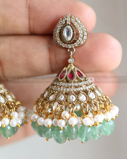 3731 - Premium Polki Statement  Mint Beads Necklace with Earring