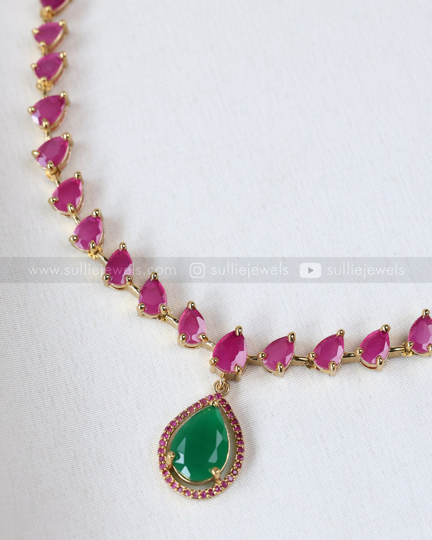 3716 - Raindrop Emerald & Pink Stone Necklace with Earring