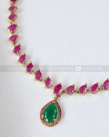 3716 - Raindrop Emerald & Pink Stone Necklace with Earring