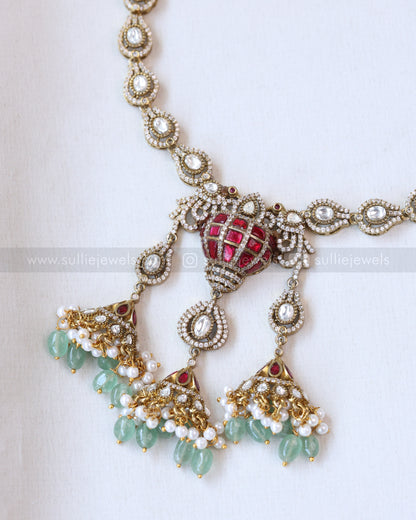 3731 - Premium Polki Statement  Mint Beads Necklace with Earring