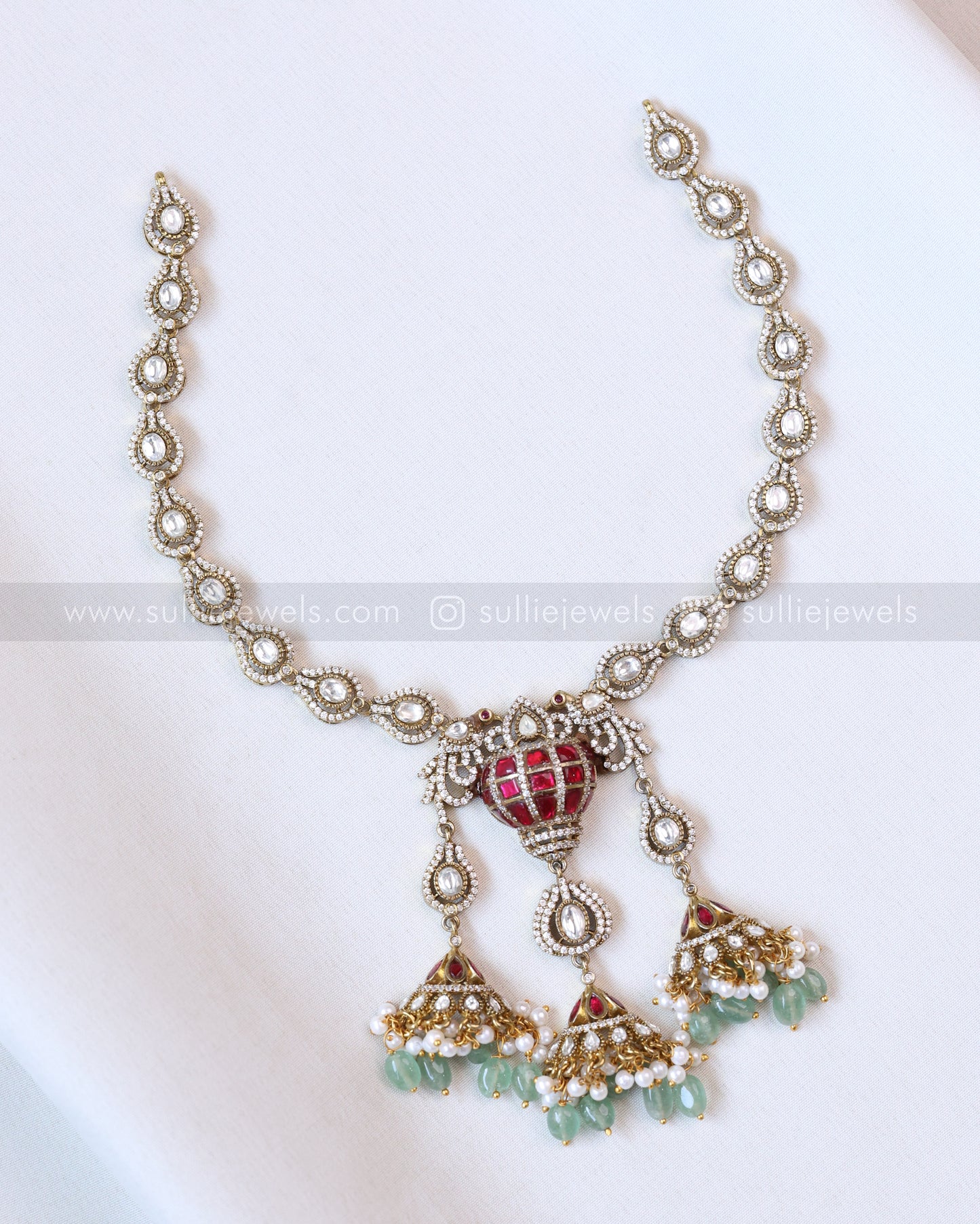 3731 - Premium Polki Statement  Mint Beads Necklace with Earring
