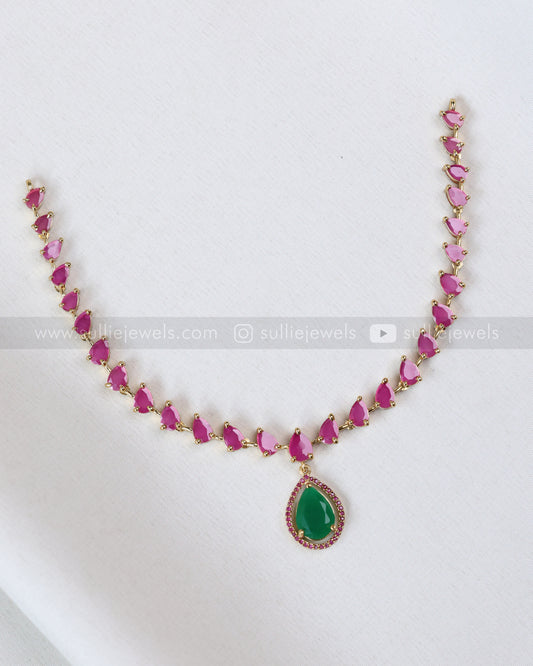 3716 - Raindrop Emerald & Pink Stone Necklace with Earring