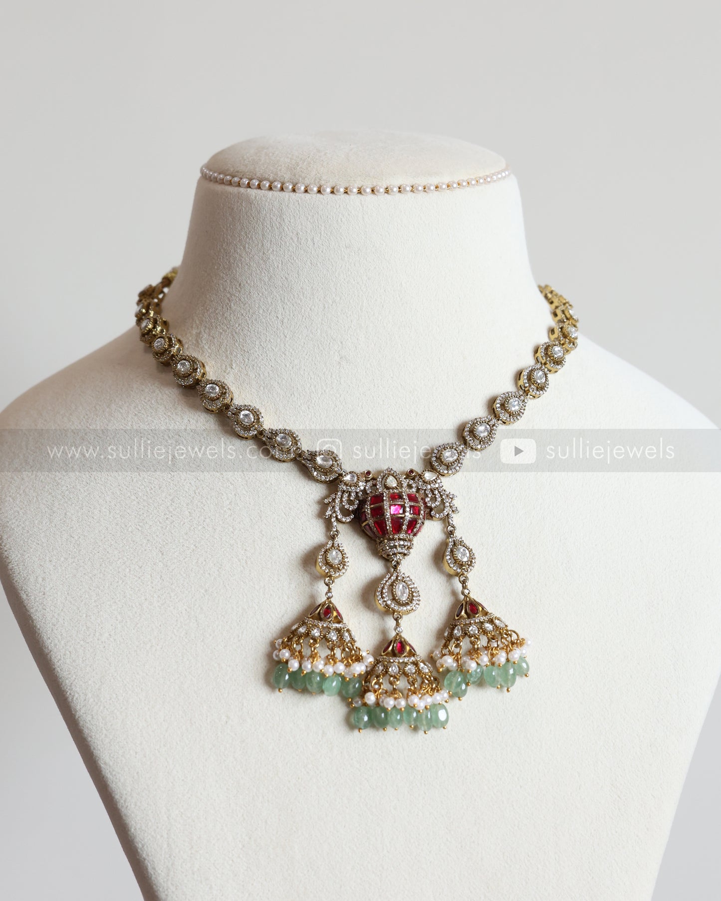 3731 - Premium Polki Statement  Mint Beads Necklace with Earring