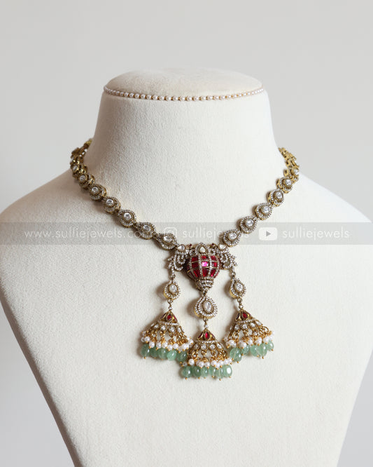 3731 - Premium Polki Statement  Mint Beads Necklace with Earring