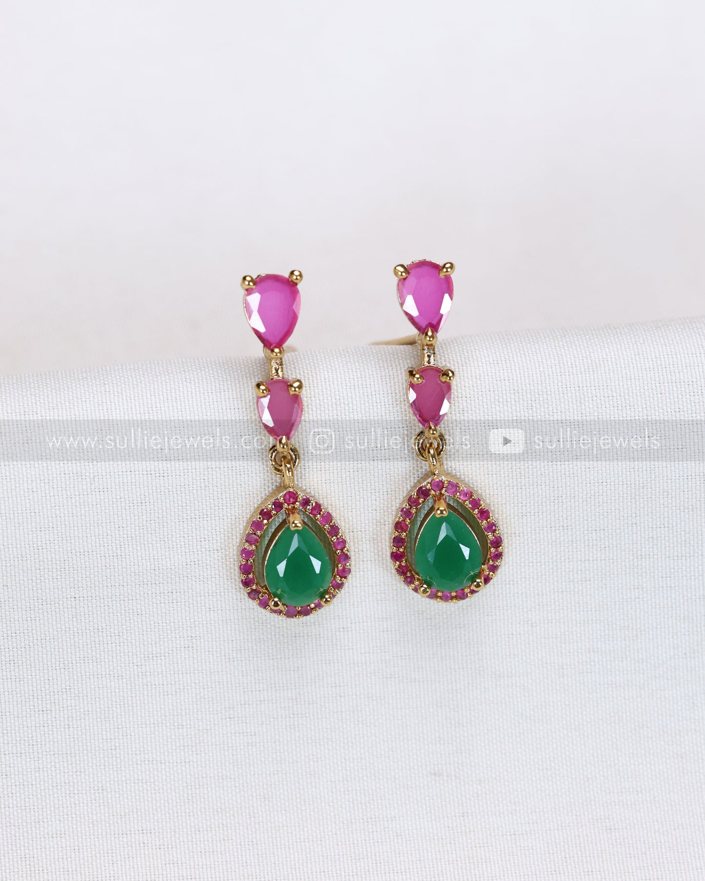 3716 - Raindrop Emerald & Pink Stone Necklace with Earring