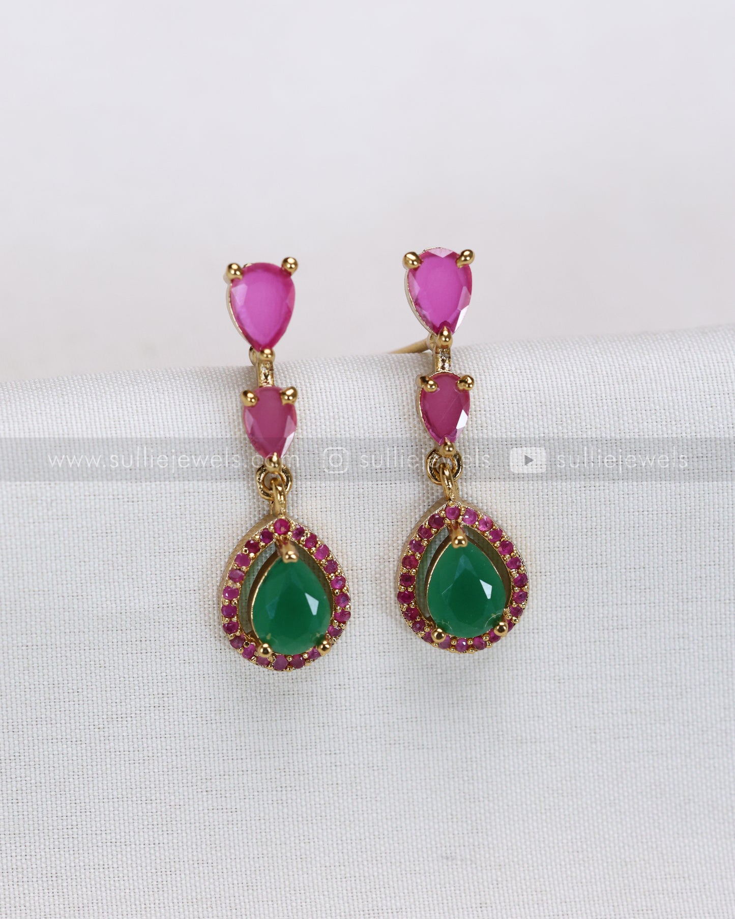 3716 - Raindrop Emerald & Pink Stone Necklace with Earring
