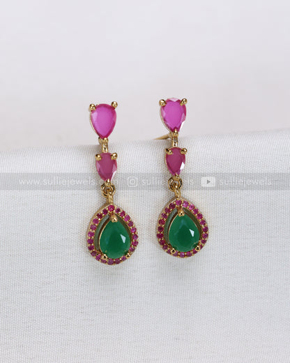 3716 - Raindrop Emerald & Pink Stone Necklace with Earring