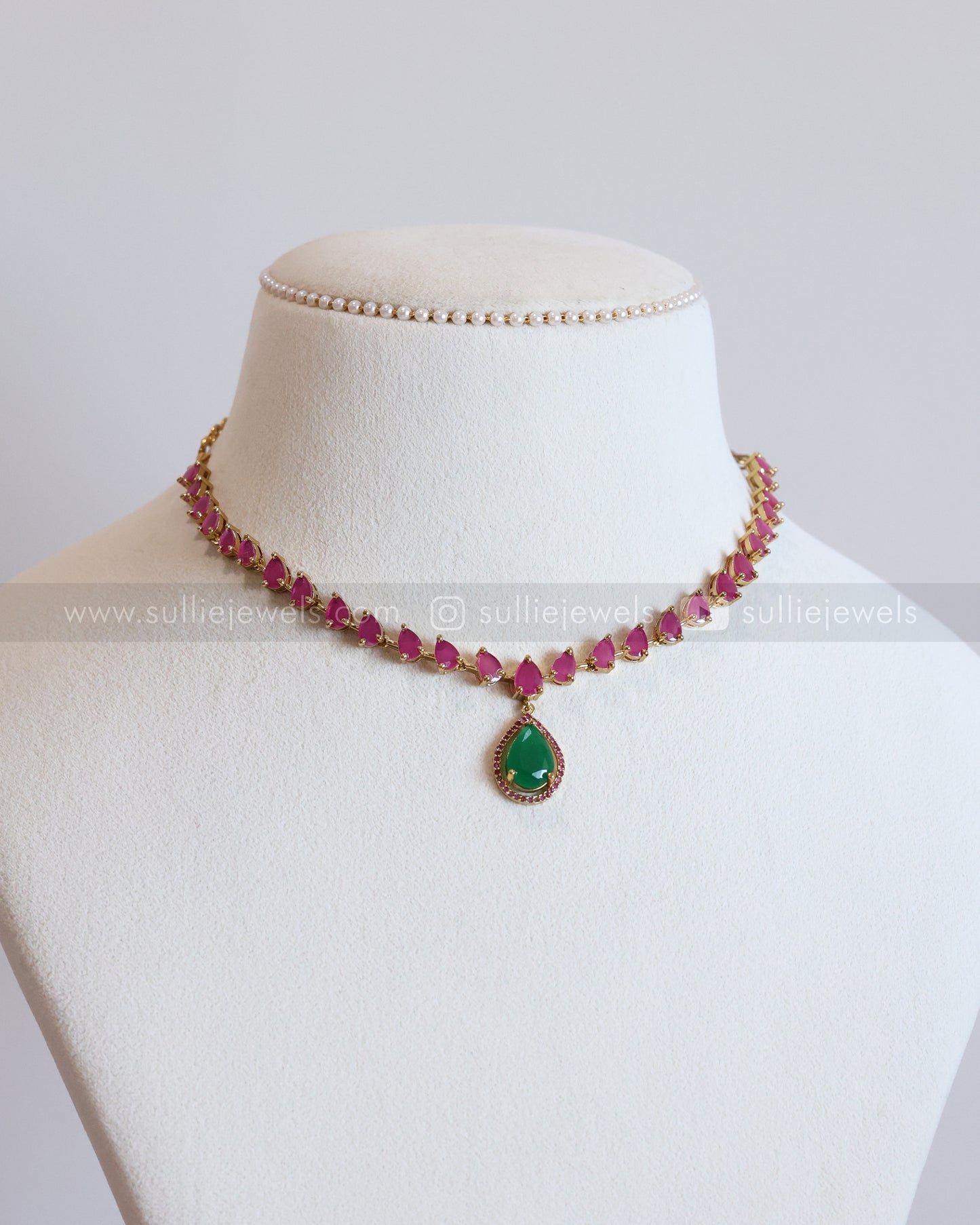 3716 - Raindrop Emerald & Pink Stone Necklace with Earring