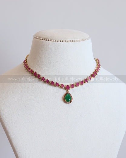 3716 - Raindrop Emerald & Pink Stone Necklace with Earring