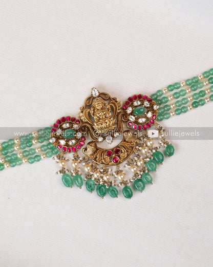 Lakshmi Kemp Antique Gold Premium Choker with - Mint Beads / Green Beads