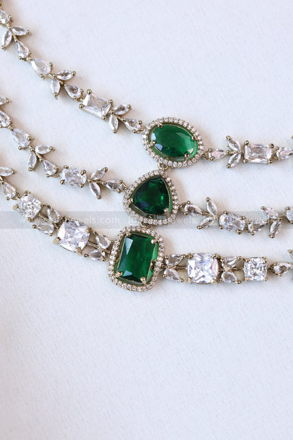3664 - Premium 3 Layer Green Centre Stone Necklace with Earring