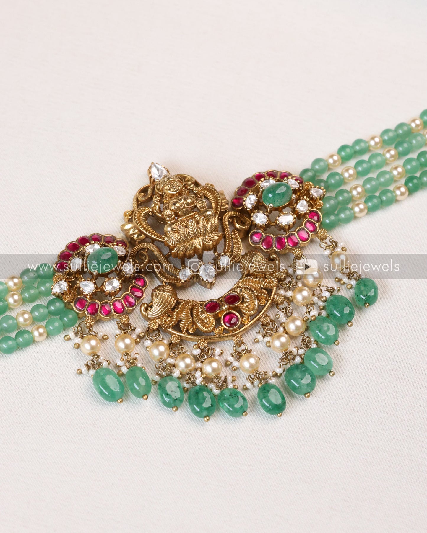Lakshmi Kemp Antique Gold Premium Choker with - Mint Beads / Green Beads