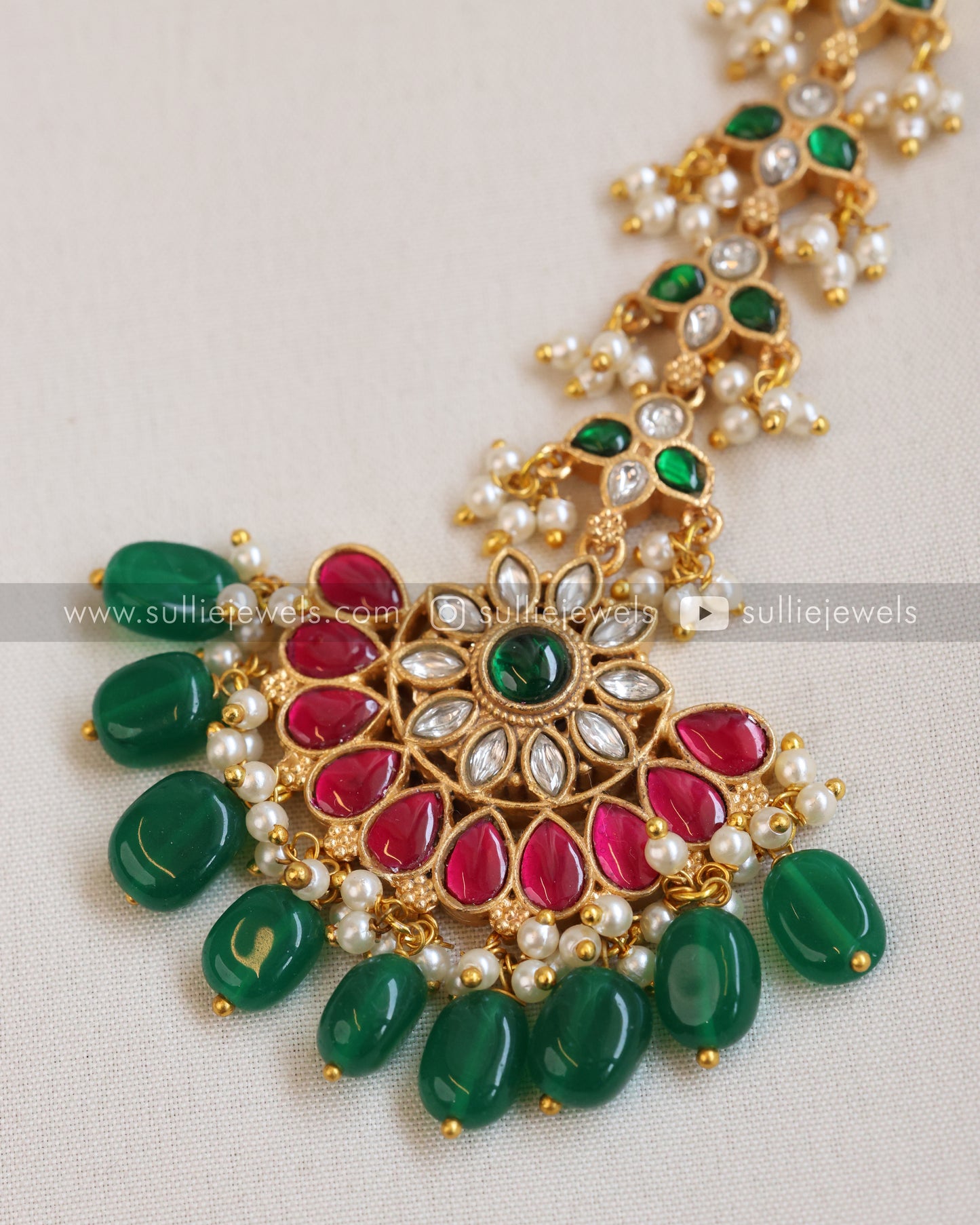Premium Jadau Floral Tikka with Green Beads