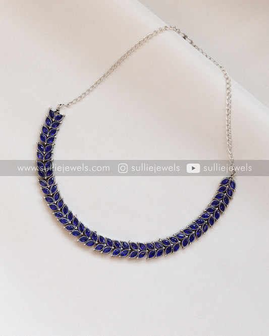 Blue Stone Leaf Design Oxidised Necklace with Jhumka