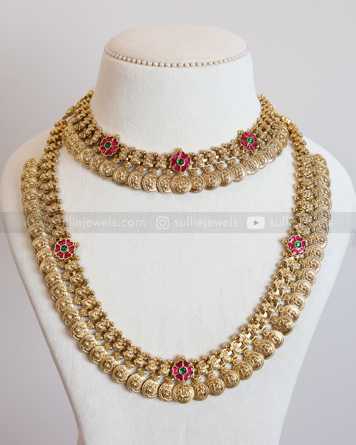 Premium Ruby Flower No Idol Coin Bridal Combo ( 3 piece )