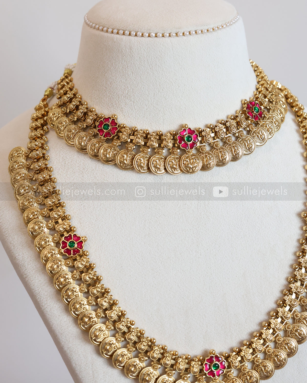 Premium Ruby Flower No Idol Coin Bridal Combo ( 3 piece )