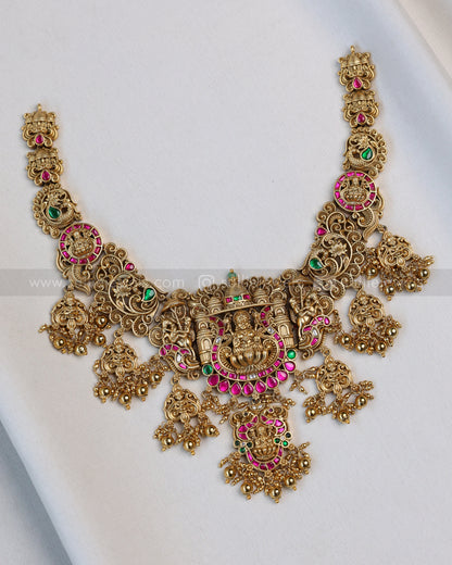 3674 - Lakshmi Premium Jadau Necklace with Jhumka - Gold Beads
