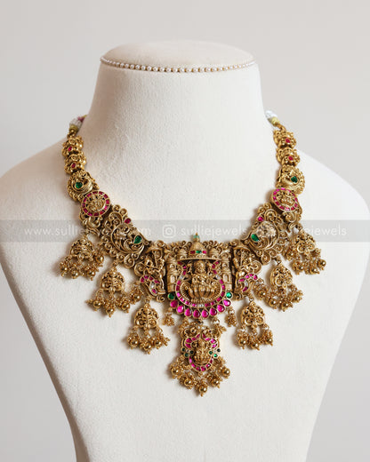 3674 - Lakshmi Premium Jadau Necklace with Jhumka - Gold Beads