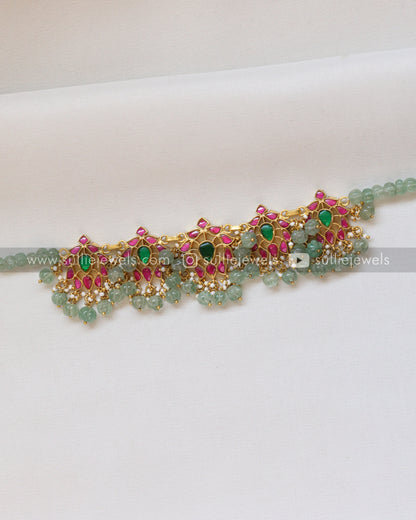 Jadau Kemp Lotus Necklace / Choker with Mint Beads