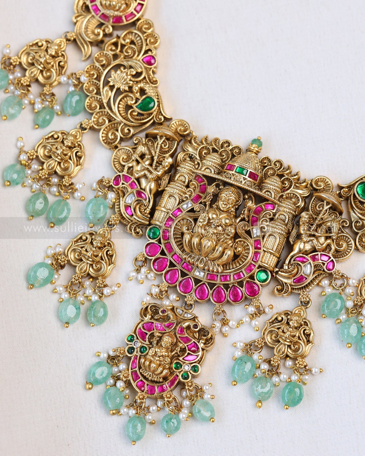3675 - Lakshmi Premium Jadau Necklace with Jhumka - Mint Beads