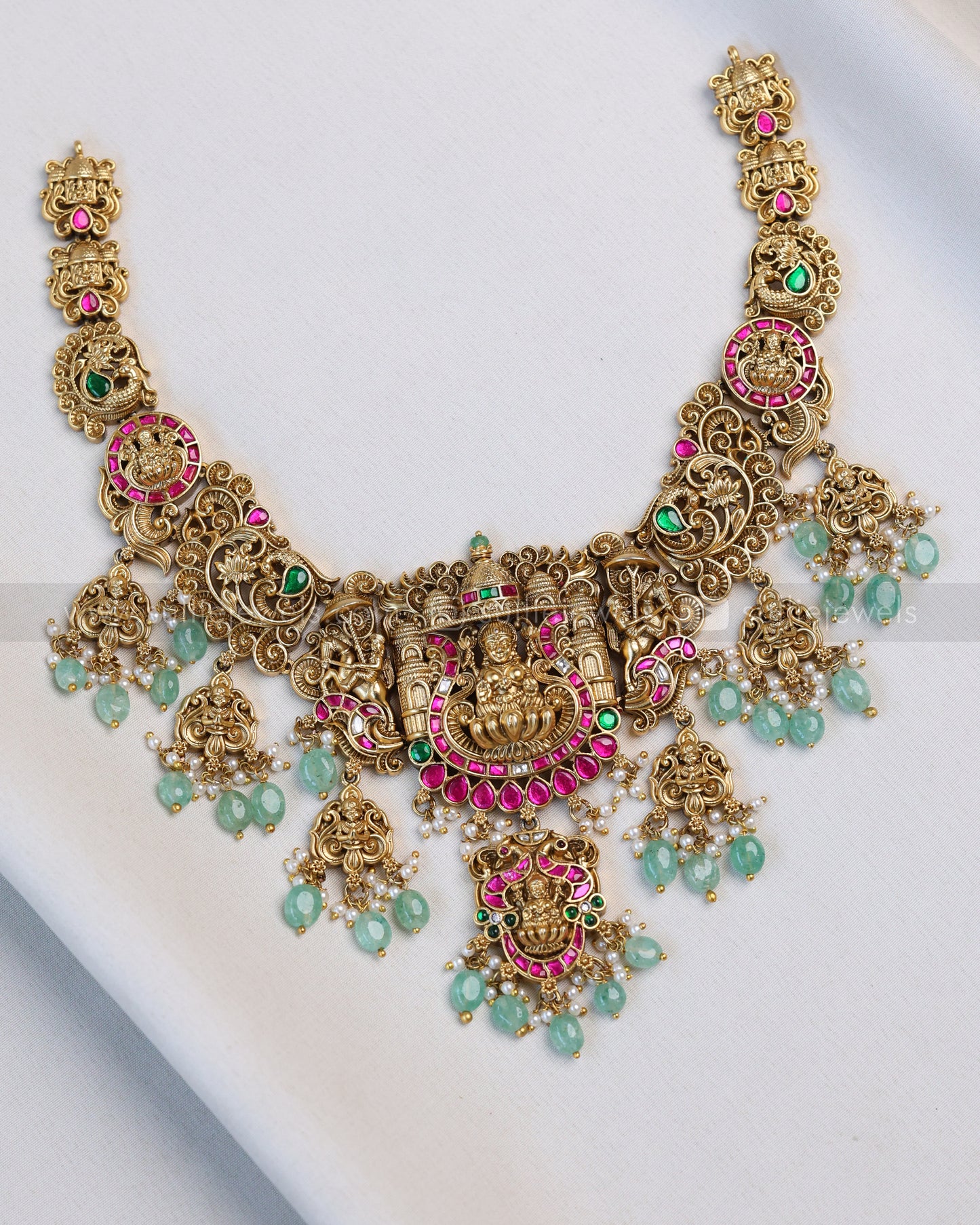 3675 - Lakshmi Premium Jadau Necklace with Jhumka - Mint Beads
