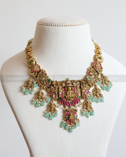 3675 - Lakshmi Premium Jadau Necklace with Jhumka - Mint Beads