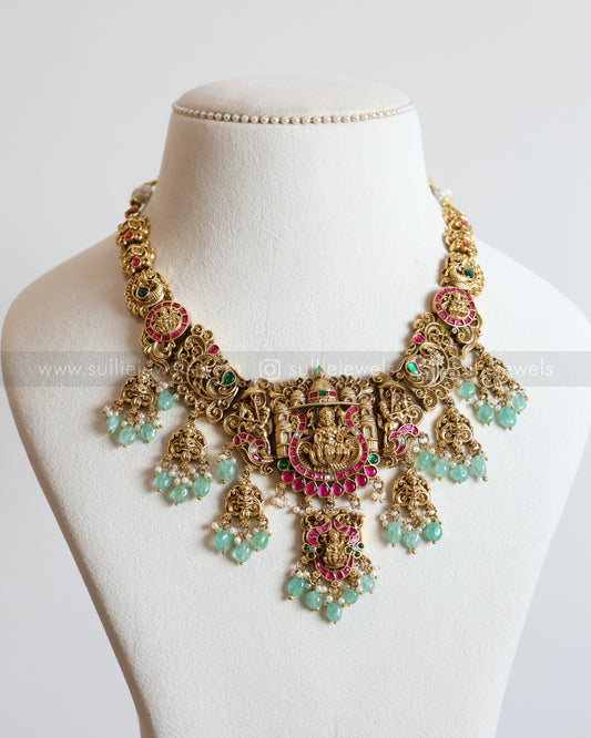 3675 - Lakshmi Premium Jadau Necklace with Jhumka - Mint Beads