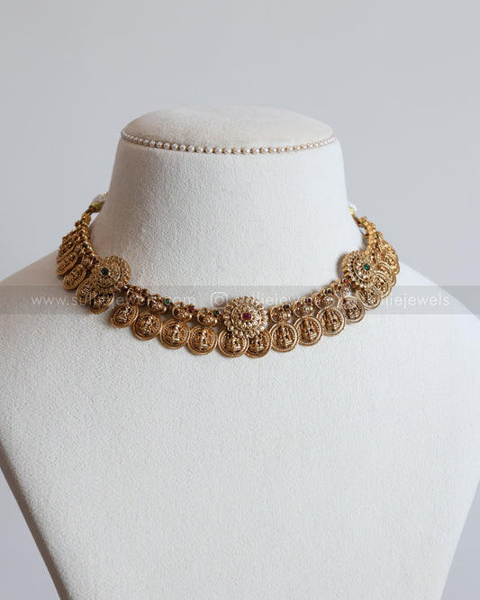 3728 - Sullie Basic Detailed Lakshmi Designer Coin Necklace with Earring