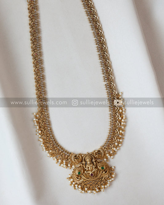 Gold Premium Stone & Pearl Goddess Long Chain / Haram with Earring