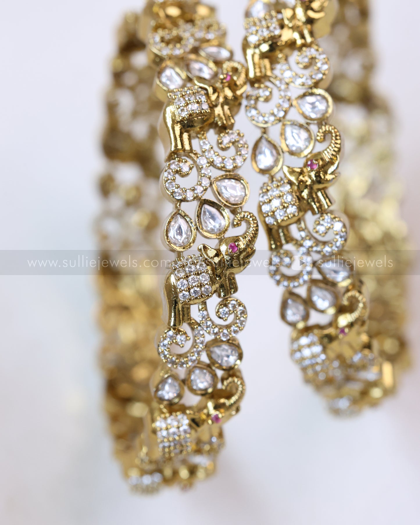 9037 - White Victorian Elephant & Stone Bangle - Set of 2