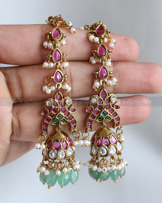 E1217 - Premium Peacock Kemp Jhumka with Earchain / Maatti