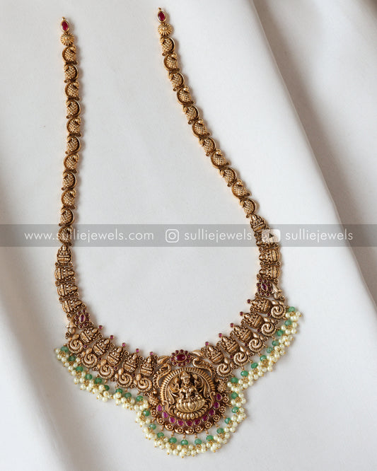 Premium Goddess Pearl & Mint beads Long Chain / Haram with Earring
