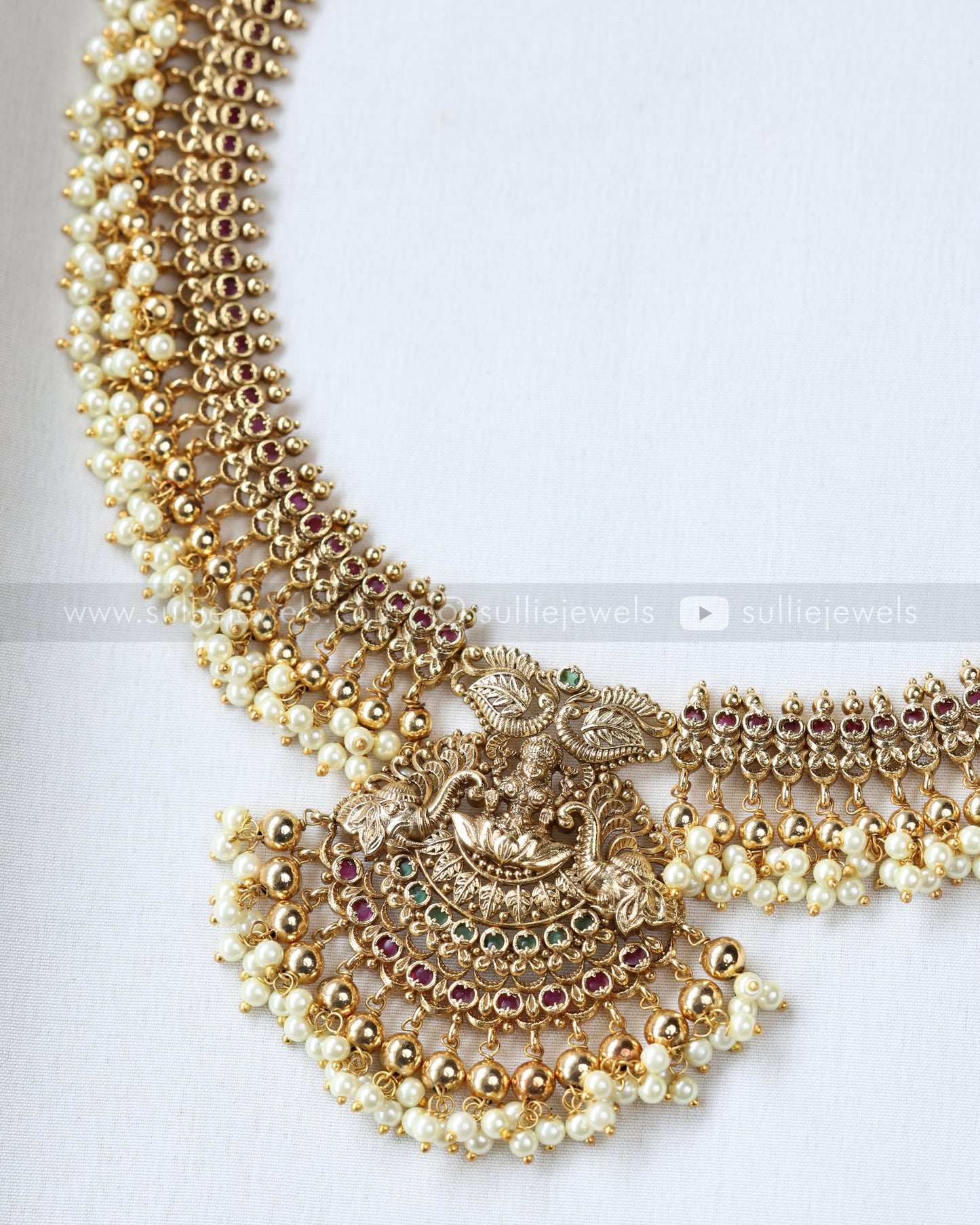 7164 - Goddess Gold & Pearl Long Chain / Haram with Earring