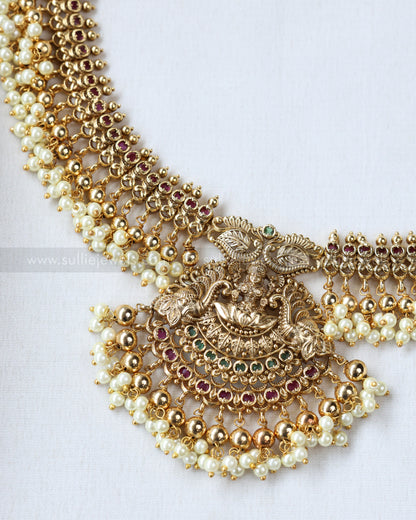 7164 - Goddess Gold & Pearl Long Chain / Haram with Earring