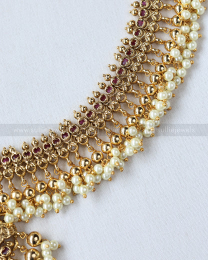 7164 - Goddess Gold & Pearl Long Chain / Haram with Earring