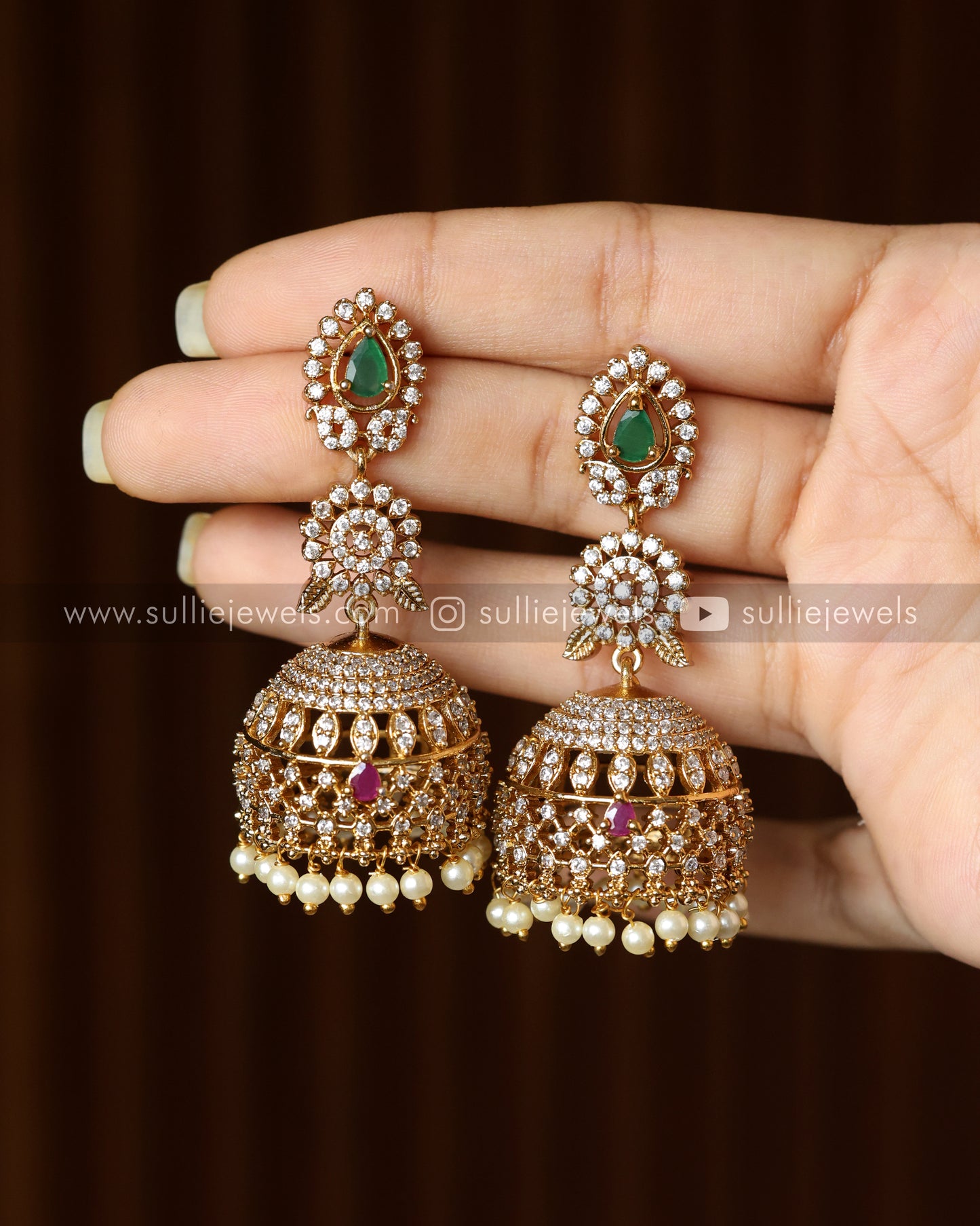 AD Long Jhumka with 3 Layer Pearl Earchain / Maatti