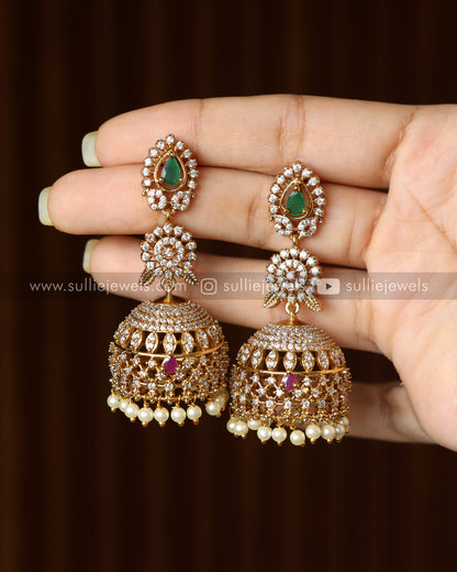 AD Long Jhumka with 3 Layer Pearl Earchain / Maatti