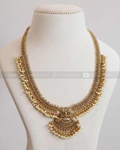 7164 - Goddess Gold & Pearl Long Chain / Haram with Earring