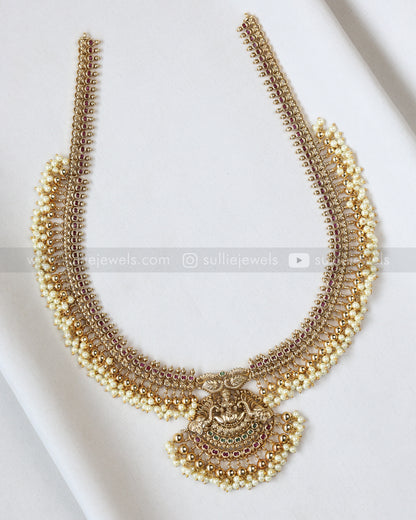 7164 - Goddess Gold & Pearl Long Chain / Haram with Earring