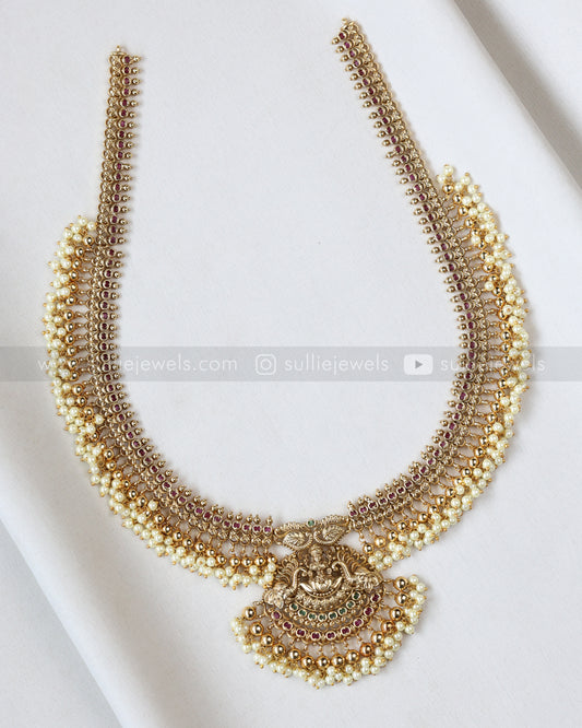 7164 - Goddess Gold & Pearl Long Chain / Haram with Earring