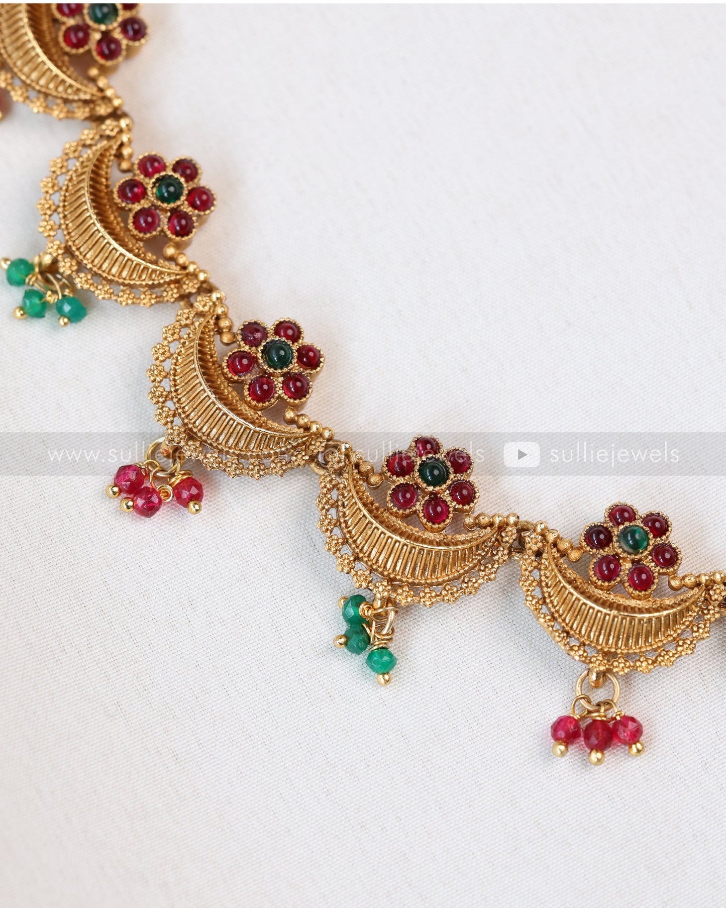 3875 - Ruby Green Flower Gold Ardha Chandra Necklace with Stud